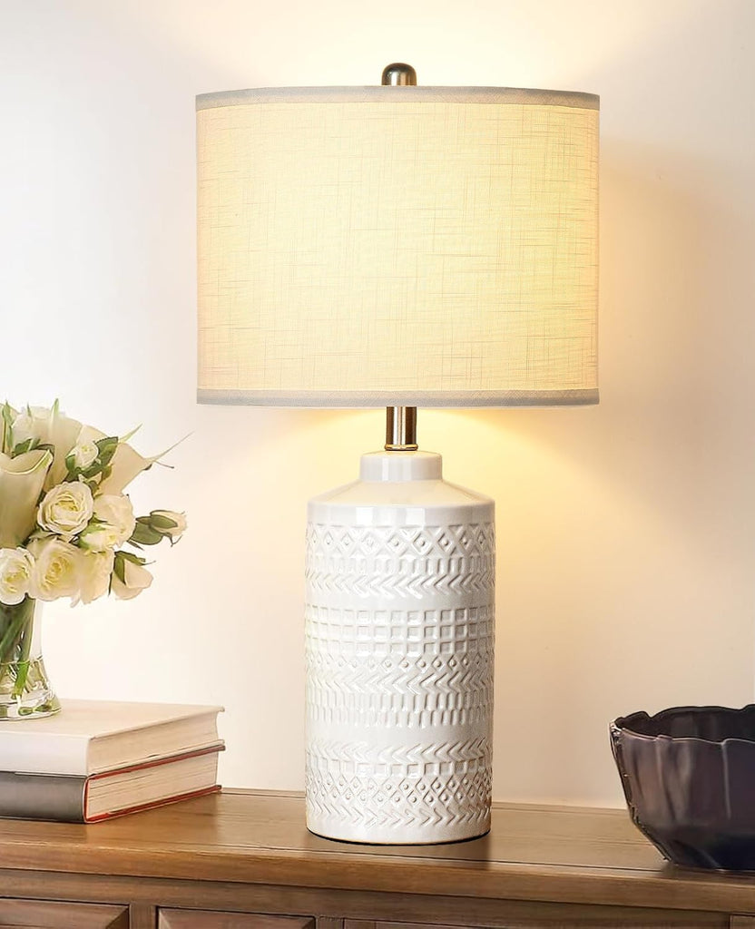 24.5" White Ceramic Table Lamp 3-Way Dimmable Nightstand with White Linen Shade Bedside Lamps & Living Room Office