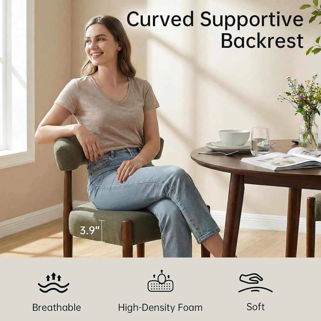 Wooden Dining Chairs Set of 2, Modern Upholstered Dining Room Chairs with Walnut Wood Legs and Curved Backrest
