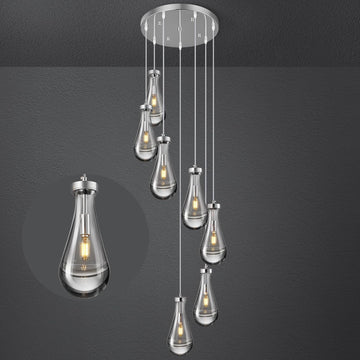 Raindrop Pendant Lights Kitchen Island Teardrop Chrome Hanging Light Fixtures Clear Solid Glass Pendant Light Modern Chandeliers for Dining Room Porch Corridor Living Room (7-Light)