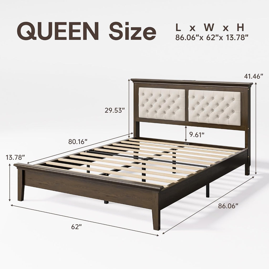 Solid Wood Queen Bed Frame 41.5" Tall Diamond-Tufted Upholstered Headboard, American Classic Flat-Top Bed, Stable