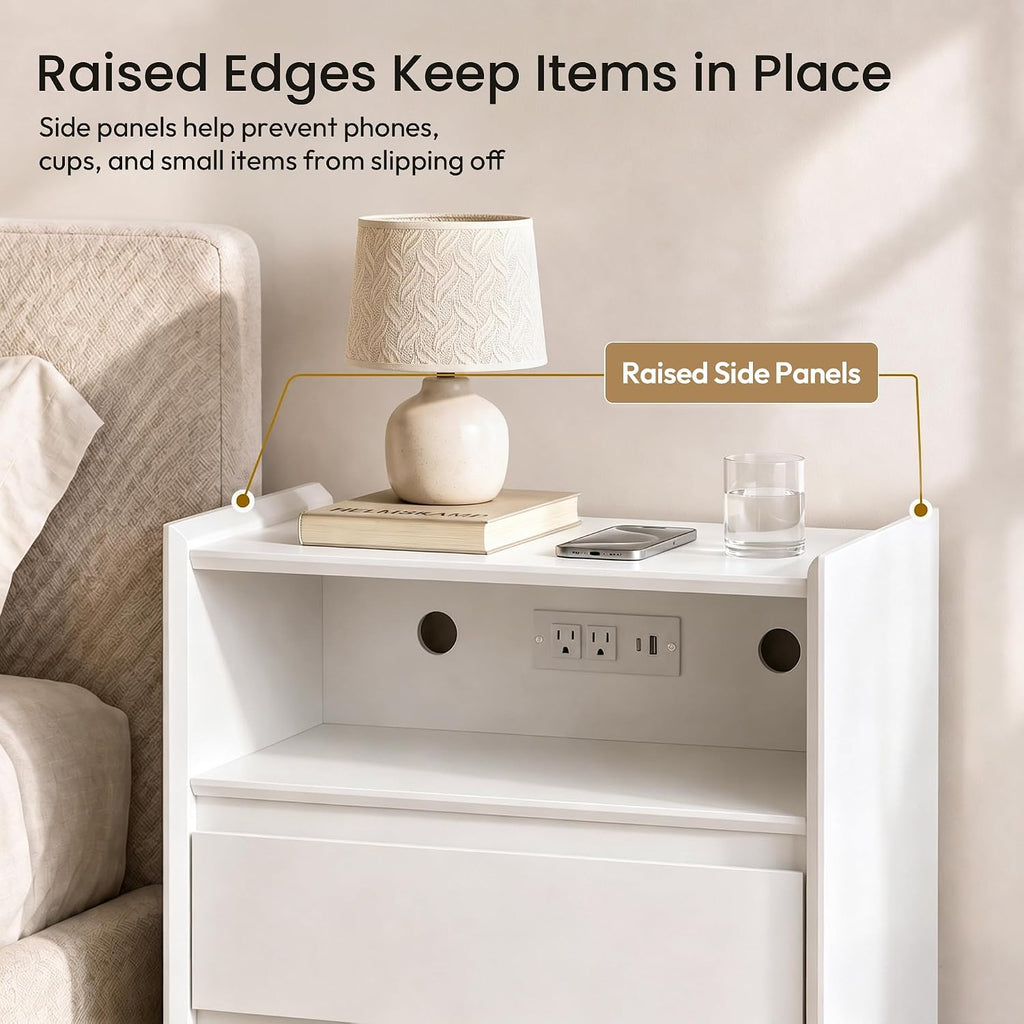 24" Tall Nightstand with Charging Station Including USB-C, Modern Bedside Table and Sofa End Table - White, 2