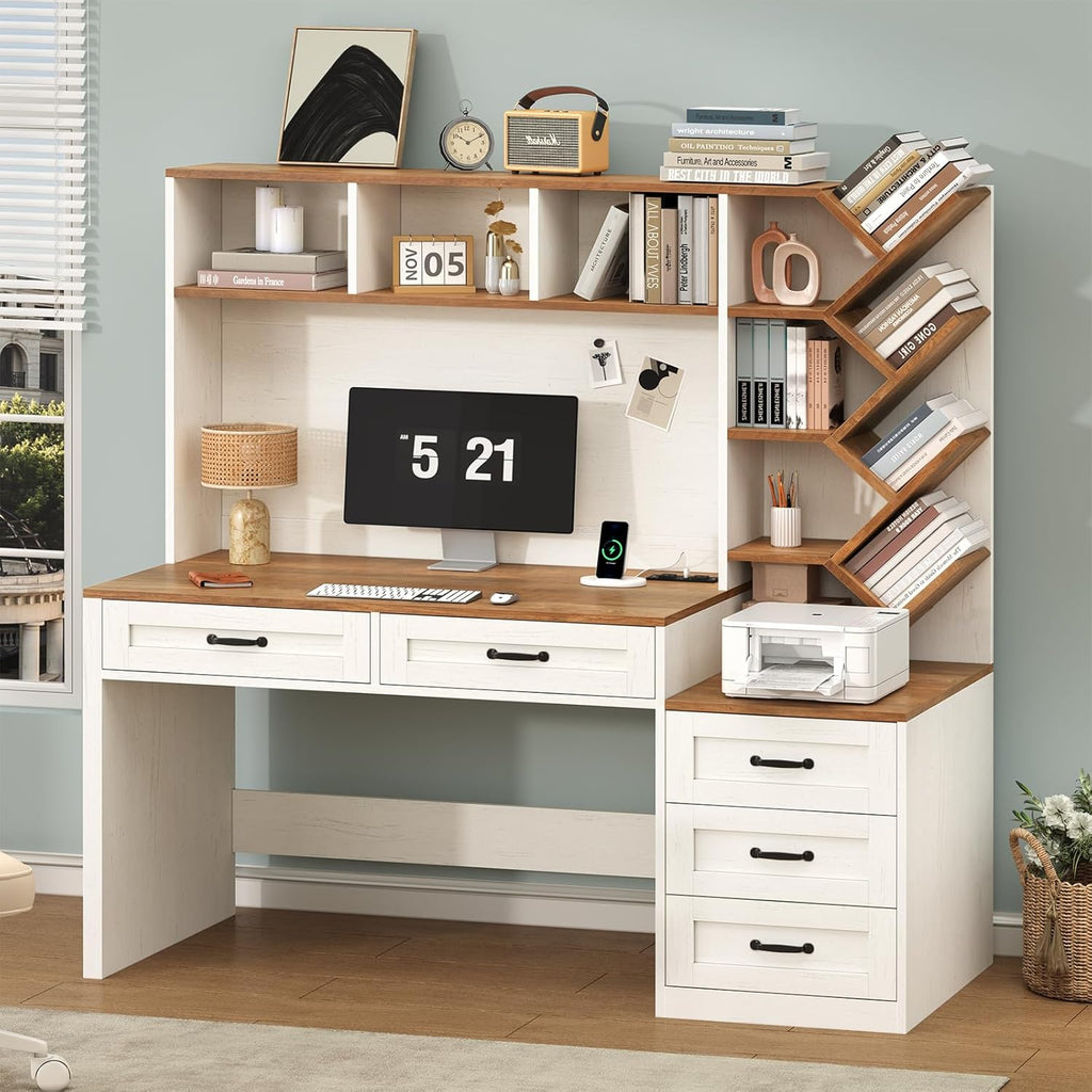 Computer Desk with Hutch & 5 Drawers, Home Office Desk with Storage Shelves and Printer Stand