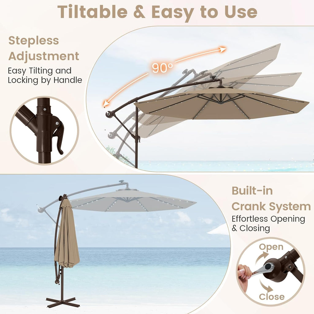 10FT Offset Patio Umbrella with Base Included, Outdoor Cantilever Umbrella with 40 Solar LED Lights, Tilt Adjustment