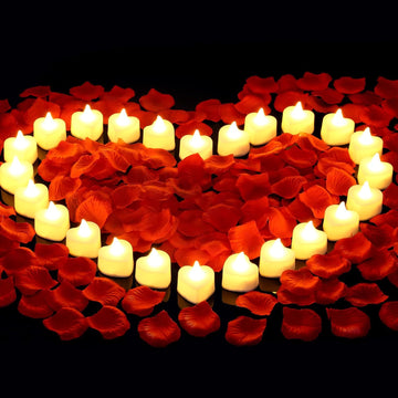 Artificial Rose Petals with 24 LED Tea Lights Candles, Romantic Decorations Special Night Set for Night - Set of 24
