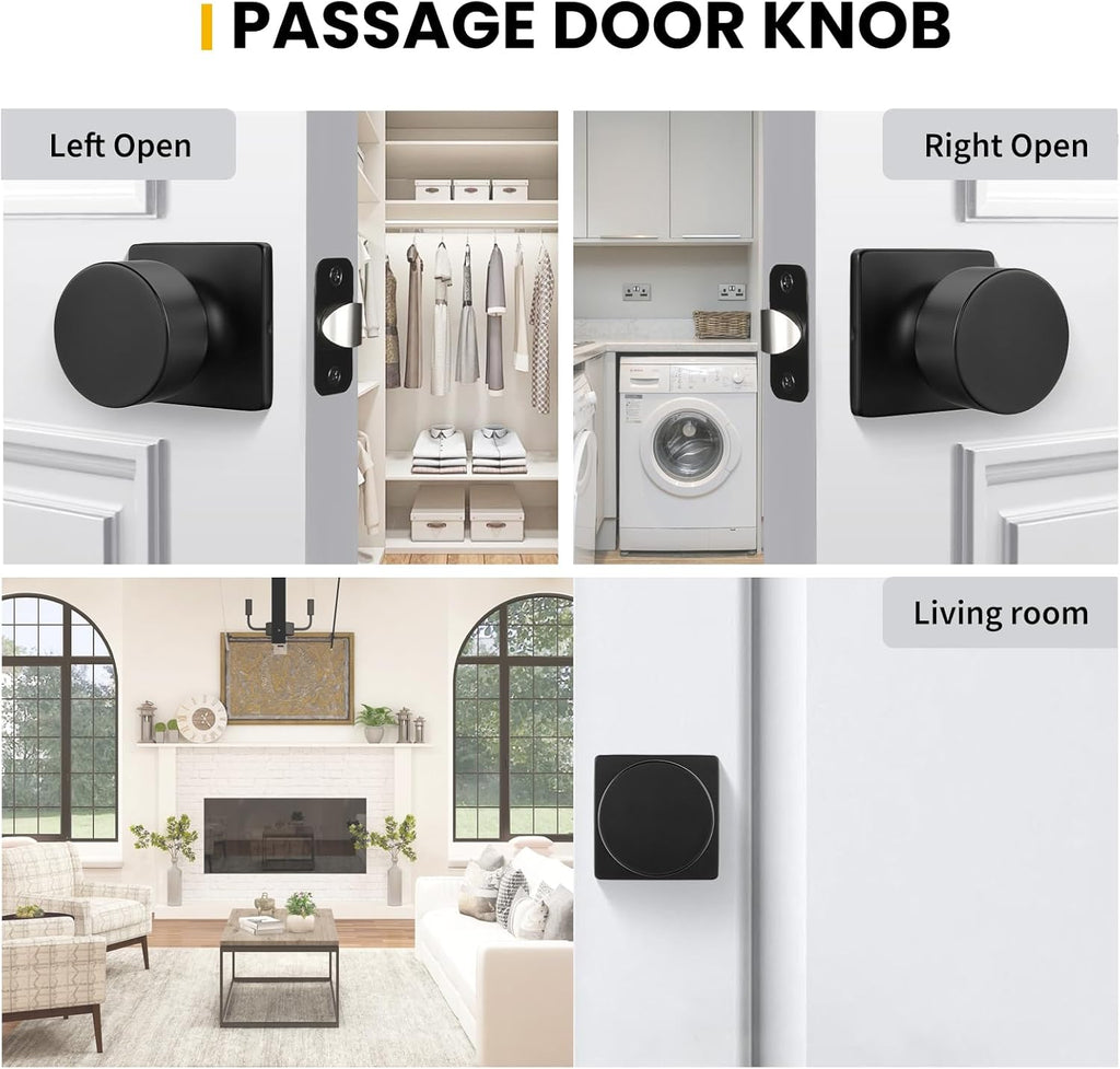 Matte Black Closet Door Knobs, Passage Door Knobs Interior Hallway, Black Closet Door Knob No Lock 6 Pack