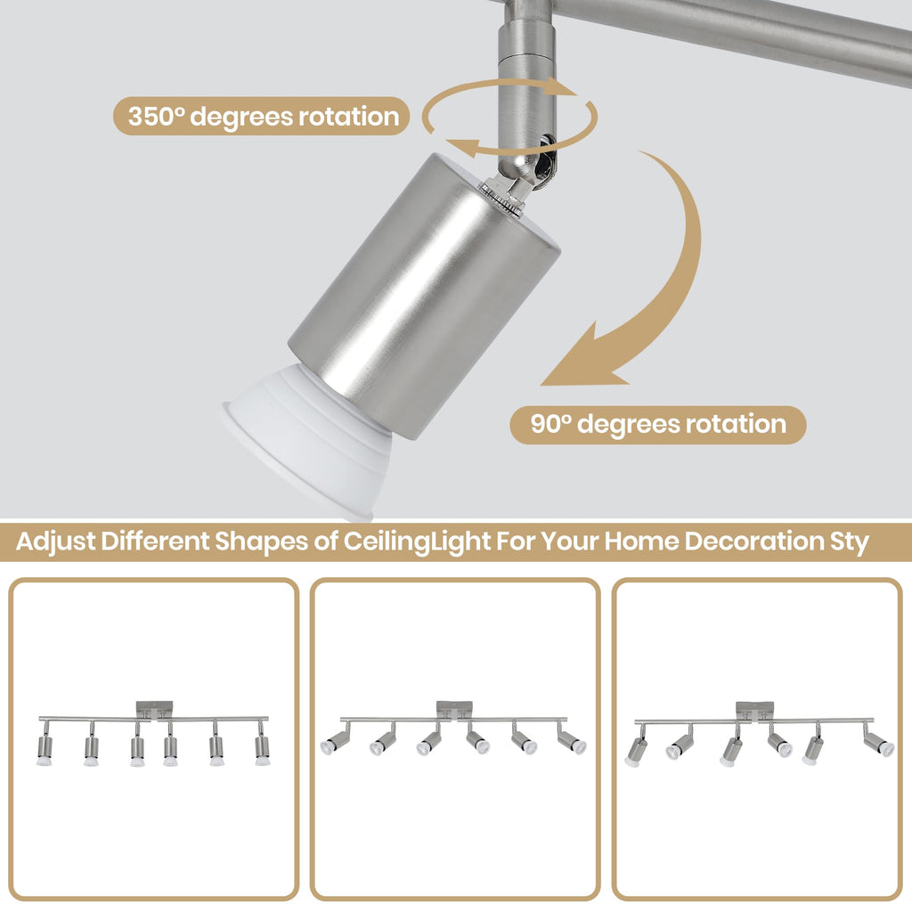 Track Lighting Kit, Brushed Nickel Ceiling Spotlight Bar, Rotatable Light Heads, GU10 Socket Track Light