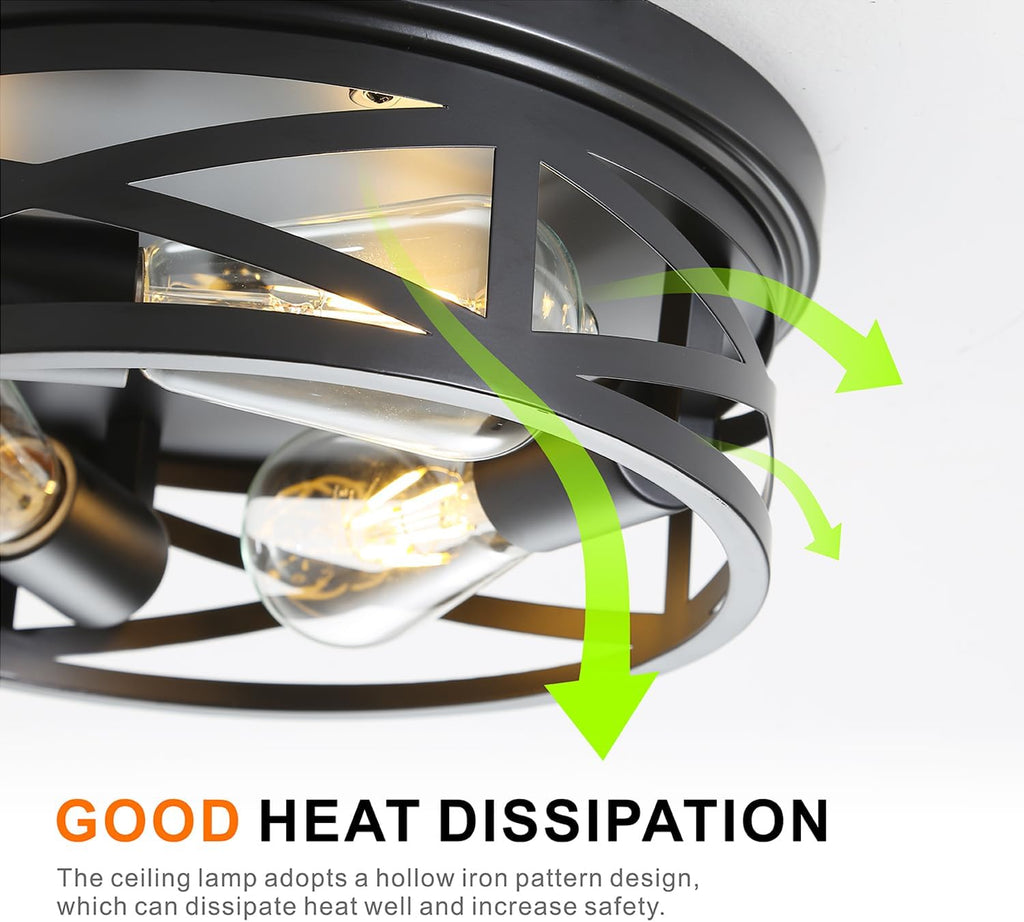 Farmhouse Flush Mount Ceiling Light 12 Inch E26 3-Light Large Black Anti-Rust Metal Cage Close to Ceiling Lamp for Overhead Entryway Kitchen Outdoor Porch 1pack