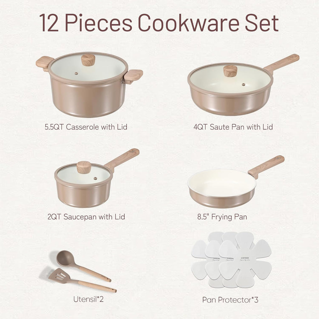12Pcs Ceramic Pots and Pans Set Non Stick, Healthy Cookware Set, PFAS/PFOA Free, Kitchen Cooking Set with Frying