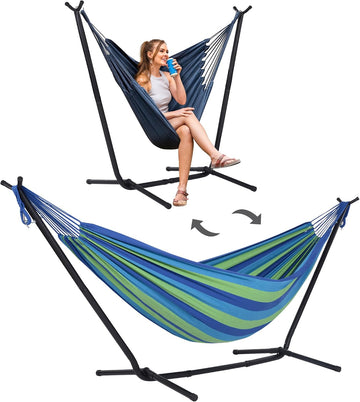 2-in-1 Hammocks Hammock Chair with Stand, Patented, Blue Stripe | 475 lbs Capacity, Heavy Duty Two Person Hammock