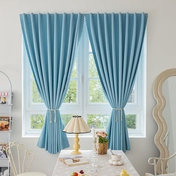 Magic Tape Stick on Curtains Blackout Curtains no Drillng Self Adhesive Curtain no Rod Small Window (Sky Blue, 59" W