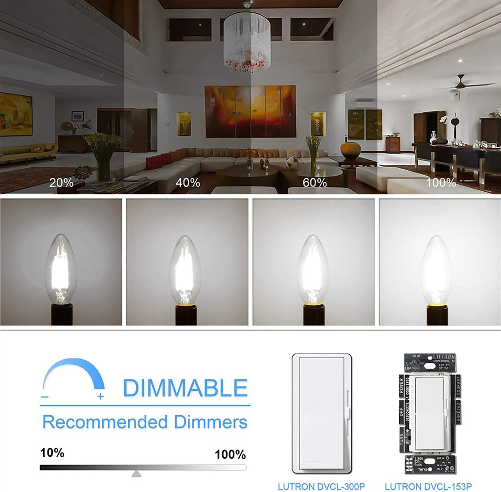 Candelabra LED Bulb, E12 Small Light Bulbs 5000K Daylight Dimmable - 60W Equivalent Ceiling Fan Bulbs Type B Edison
