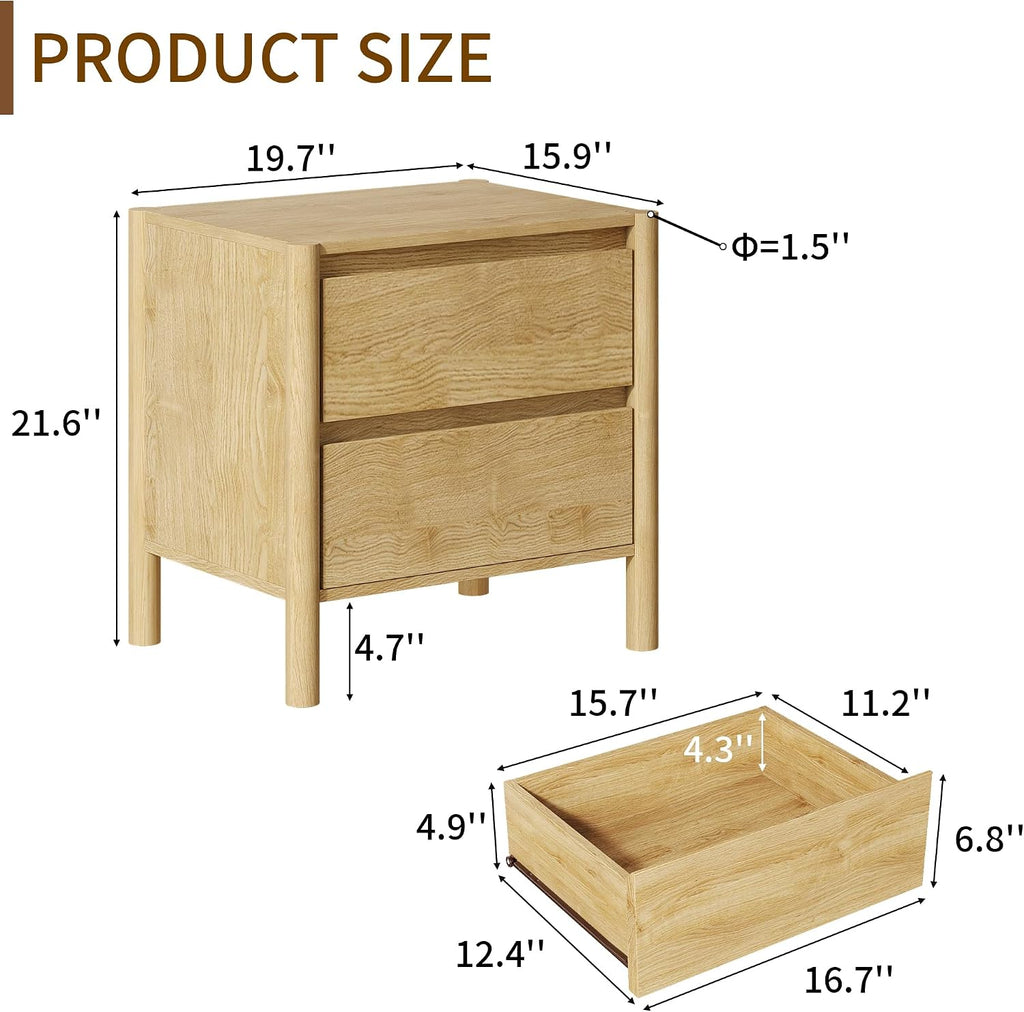 Mid Century Modern Oak Nightstand Set of 2 - Bedside Table with 2 Drawers and 4 Sturdy Solid Wood Legs, End Table
