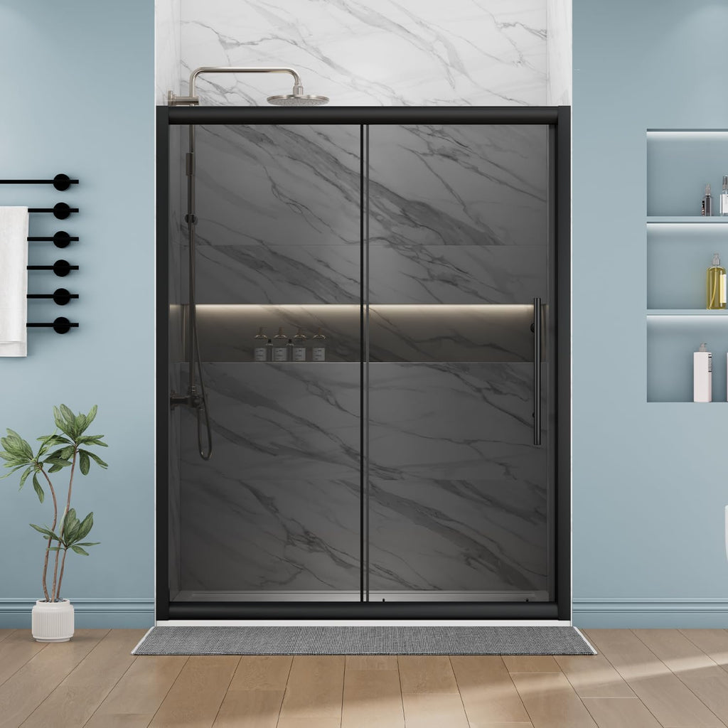 60" W x 75" H Semi-Frameless Glass Shower Door in Matte Black, Sliding Shower Door with SGCC Gray Tempered Glass