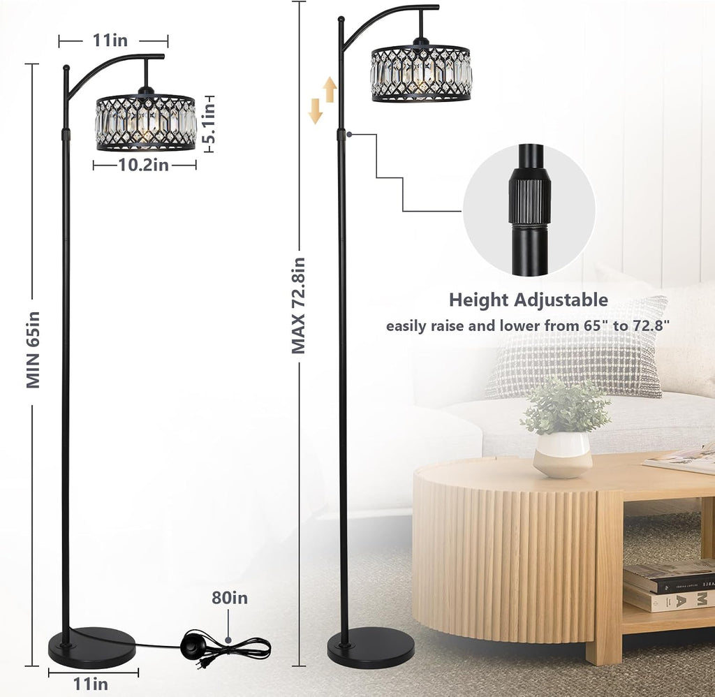 Crystal Floor Lamps, Modern Arc Floor Lamp, Black Standing Lamp with Edison Bulb, Height Adjustable Tall Lamp