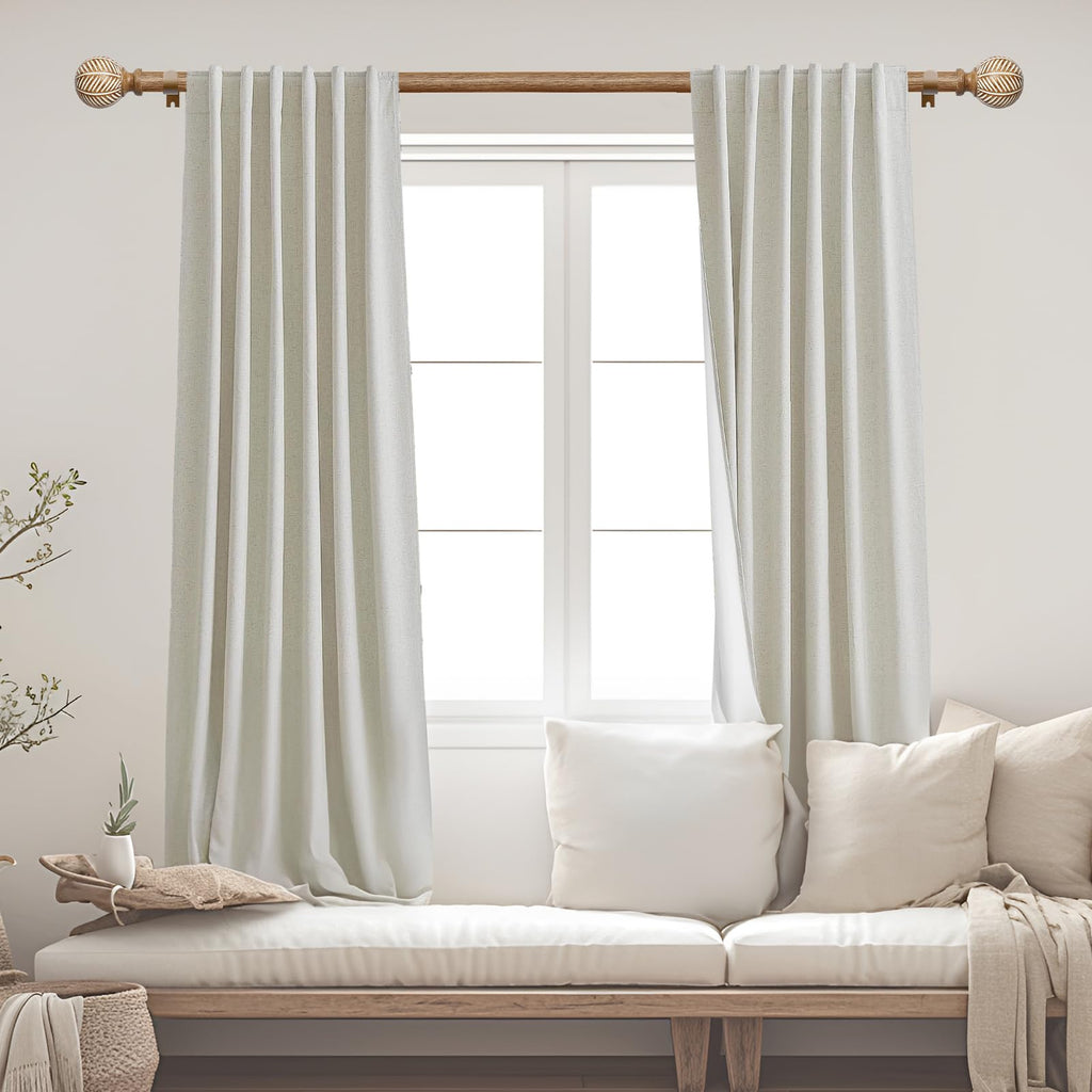 Wood Curtain Rods for Windows: 1 Inch Diameter Adjustable Heavy Duty Curtain Rod 32" to 45" with Imitation Wood Grain
