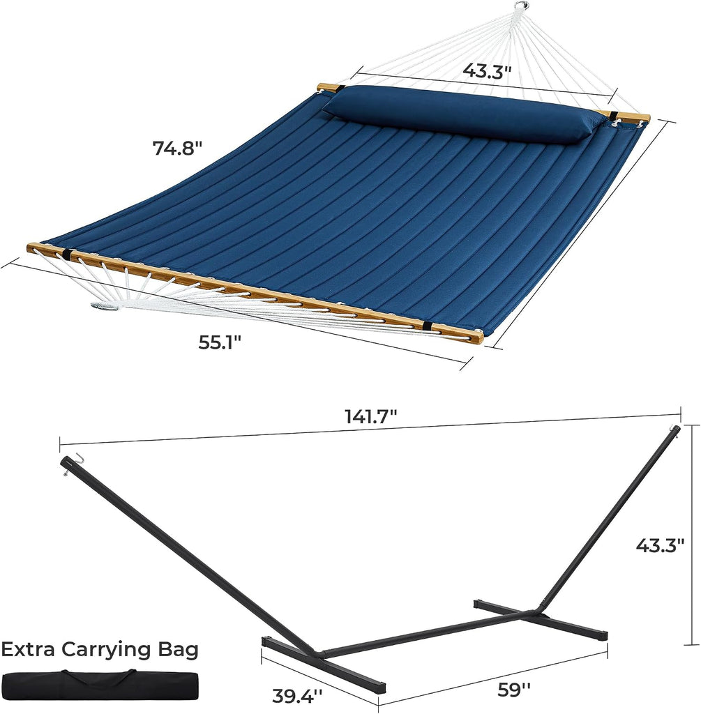 Hammock with Stand, 2 Person Quilted Outdoor Hammock, Detachable Pillow & Bamboo Spreaders, Portable Hammock with