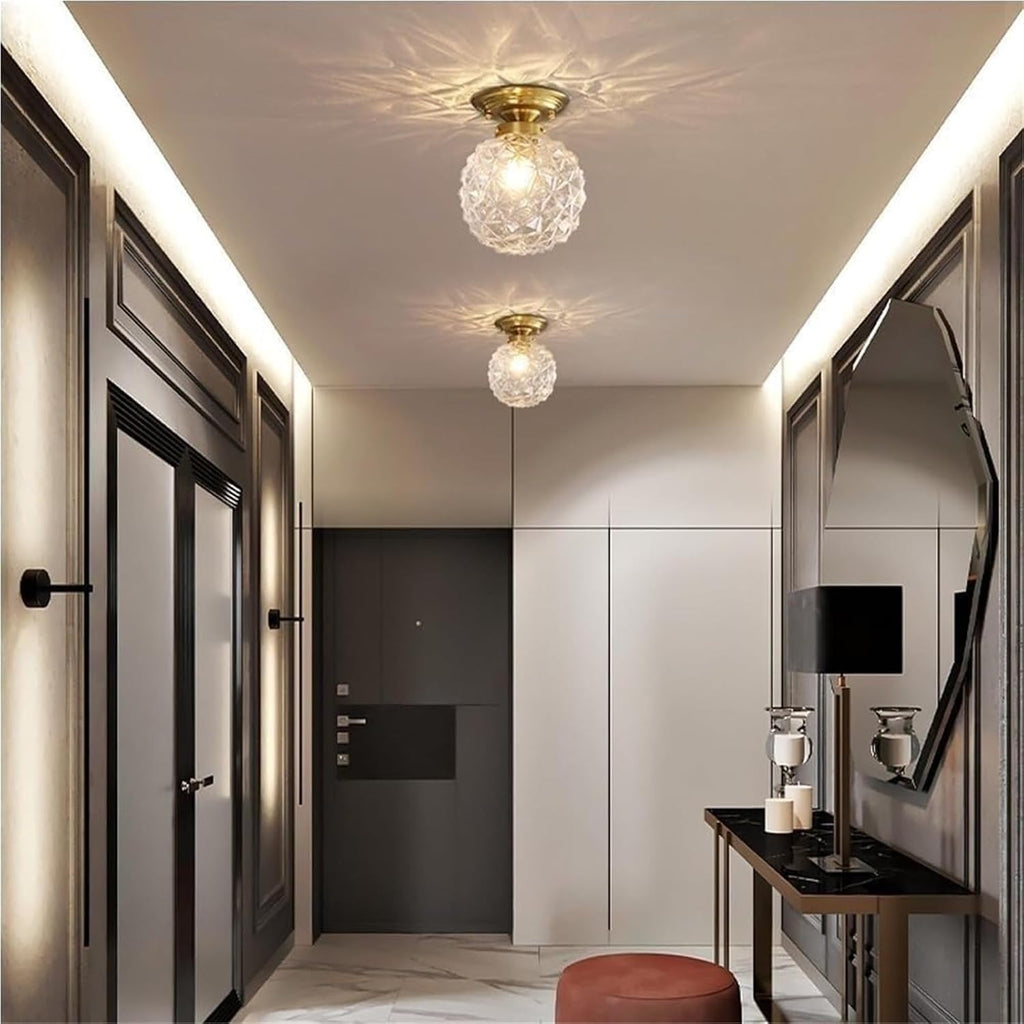 Modern Gold Flush Mount Ceiling Light with Faceted Clear Glass Globe Shade Small Decorative Accent Lighting Fixture
