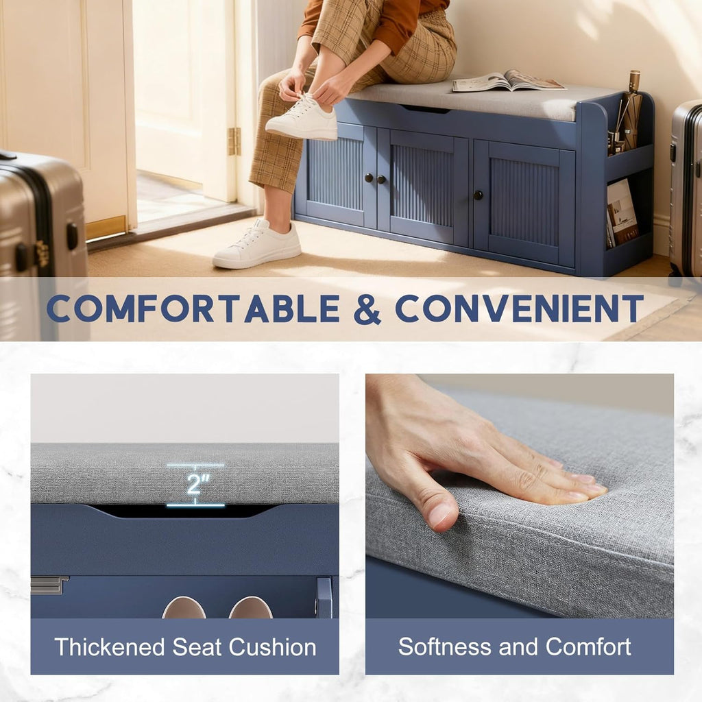 42.6" Entryway Shoe Storage Bench with Padded Seat, 3 Doors and Side Shelves, Lift Top Storage Bench for Shoes