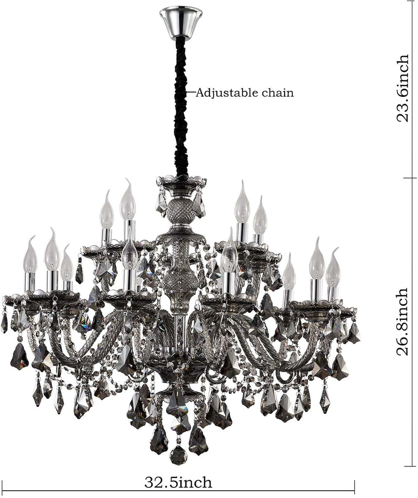 Smoky Gray Crystal Chandelier Modern K9 Crystal Chandeliers Lighting Pendant Light Fixtures,15-Light Crystal Raindrop Hanging Chandelier for Living Room Dining Room(15 Lights)