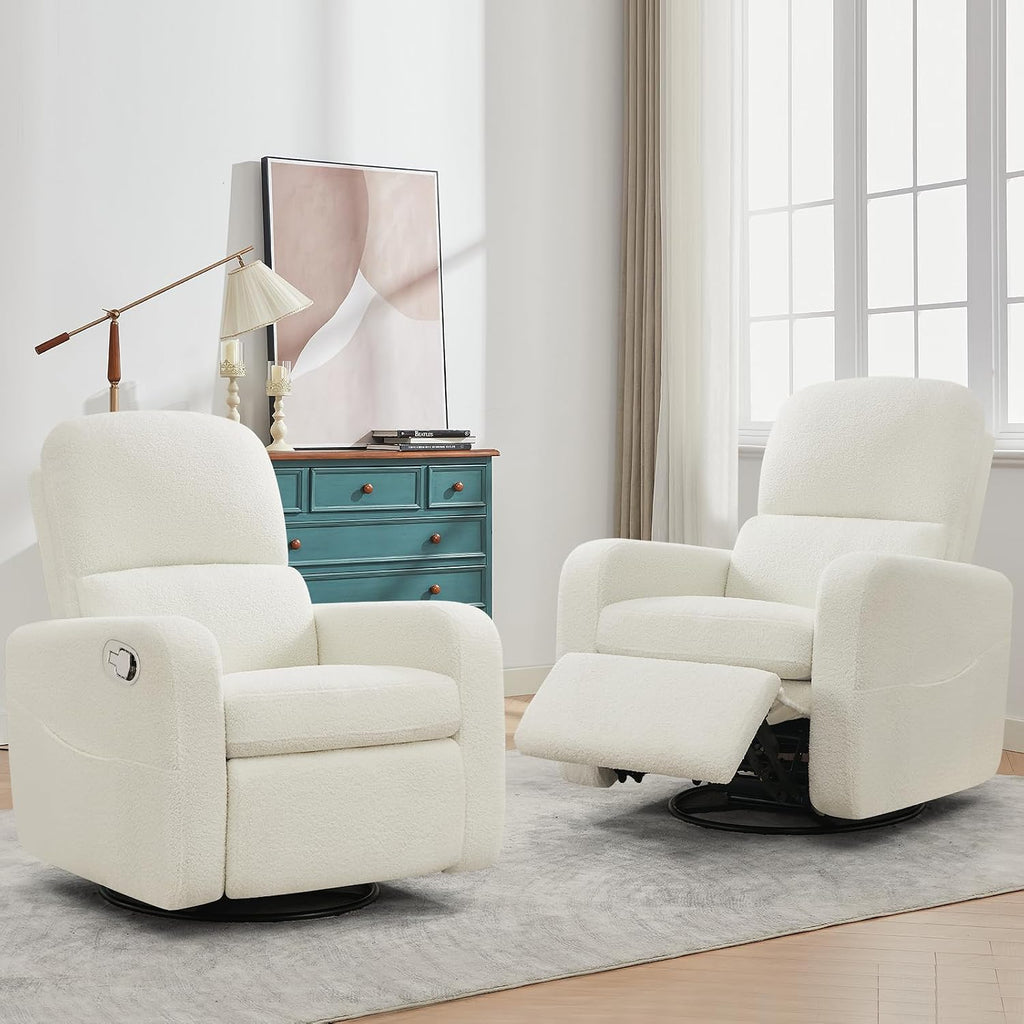 Swivel Rocker Recliner, Oversized Boucle Glider Recliner Nursery, Teddy Manual Swivel Rocking Reclining Chairs with