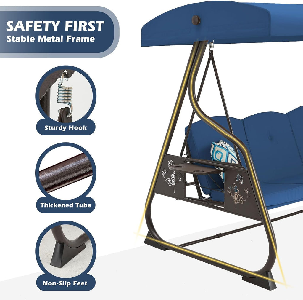3-Seat Patio Porch Swing 800LBS Outdoor Swing with Stand w/Canopy & Adjustable Backrest Patio Glider Chair