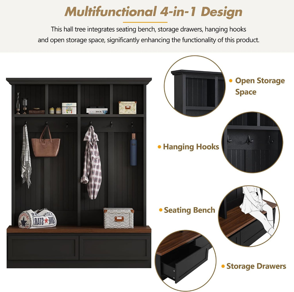 Farmhouse Entryway Hall Tree with Bench, Mudroom Coat Rack with 2 Large Drawer and Open Shelf, 4-in-1 Hallyway Shoe