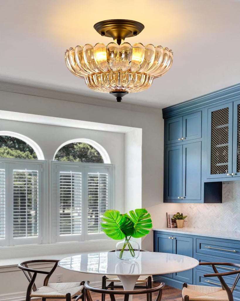 Black Semi Flush Mount Ceiling Light with Amber Glass Shades, 3-Light Modern Farmhouse Chandelier , and Entryway