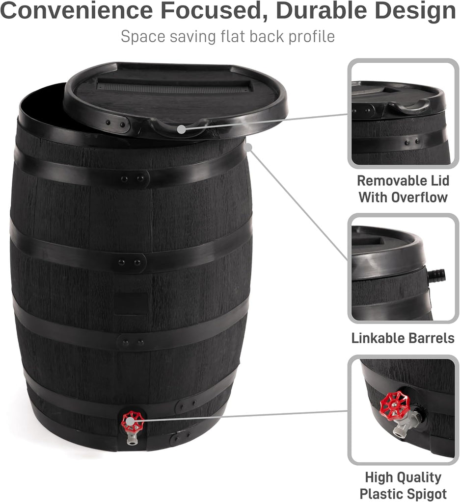 Premium 55-Gallon Eco Rain Barrel with Removable Lid, Flat Back Rain Water Collection Barrel, Made with 100% Recycled