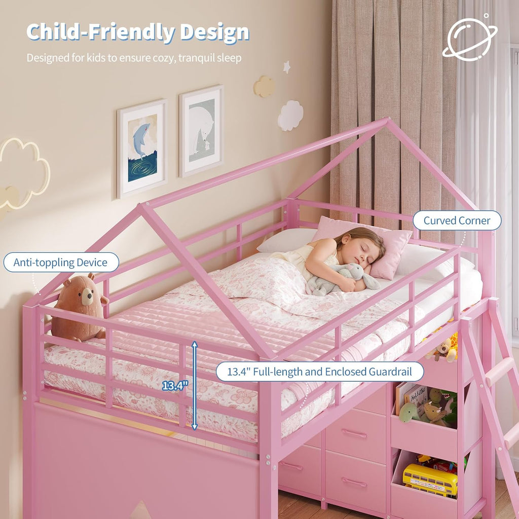 Bunk Bed Twin Over Twin with 6 Storage Drawers and 3 Open Bins, House Bunk Bed with LED Lights