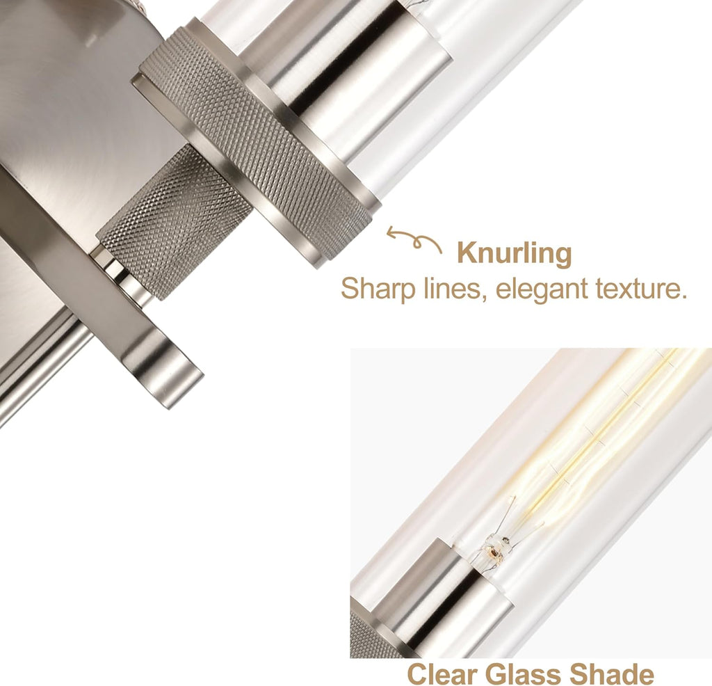 Brushed Nickel Bathroom Vanity Light, Hardwired Wall Sconces Set of 2 with Knurled Texture, Chrome Silver Wall Lamps