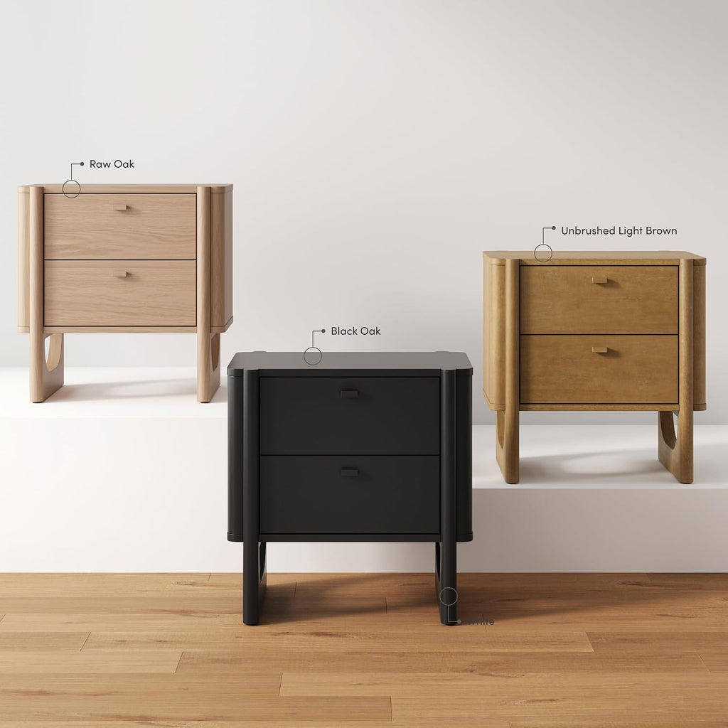 Solace Mid Century Modern 2 Drawer Nightstand with Solid Wood Frame and Rounded Details, Raw Oak