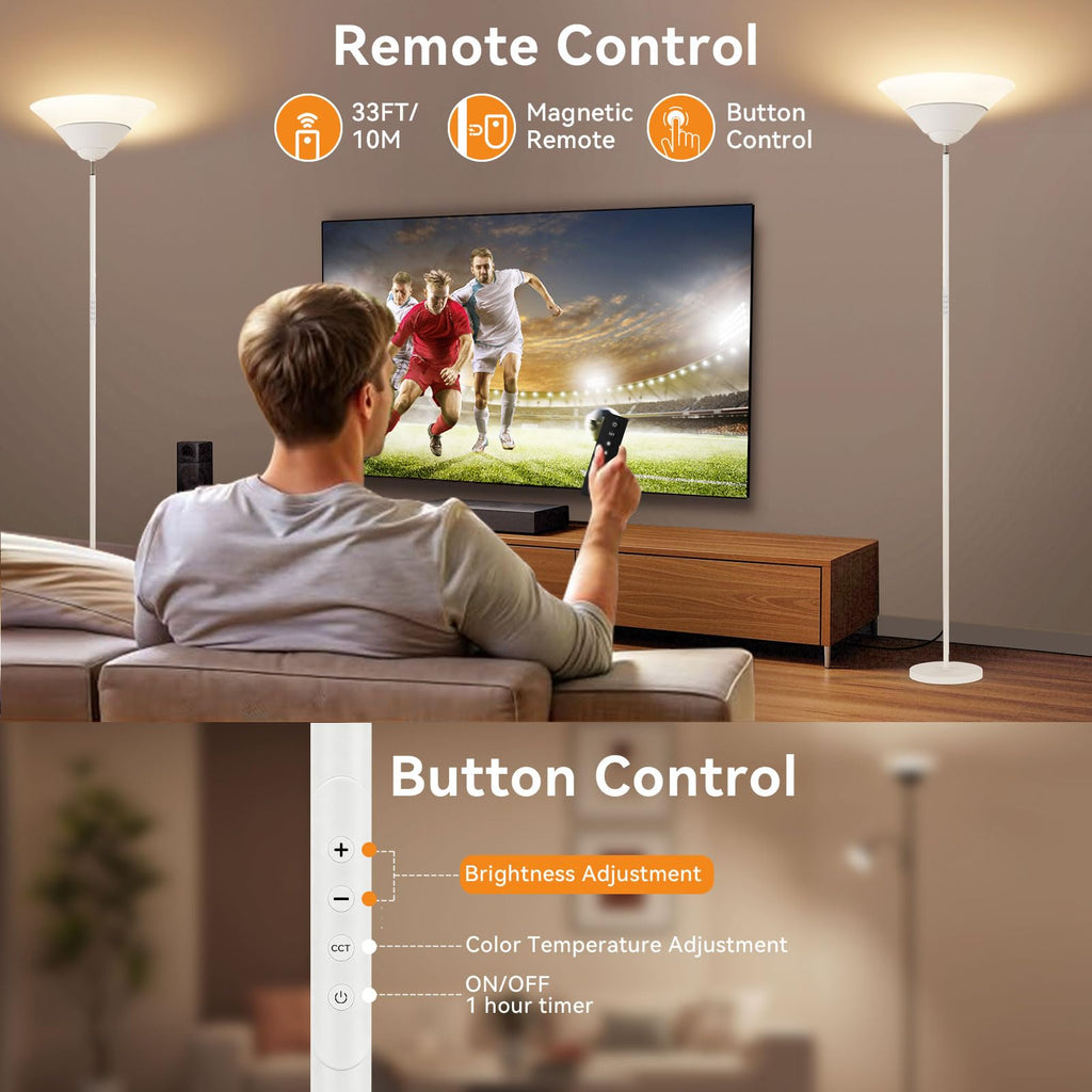 Torchiere Floor Lamp, 30W Dimmable LED Standing Lamp with Remote/Button Control, 1800Lm, 3000-6500K, 72in Bright