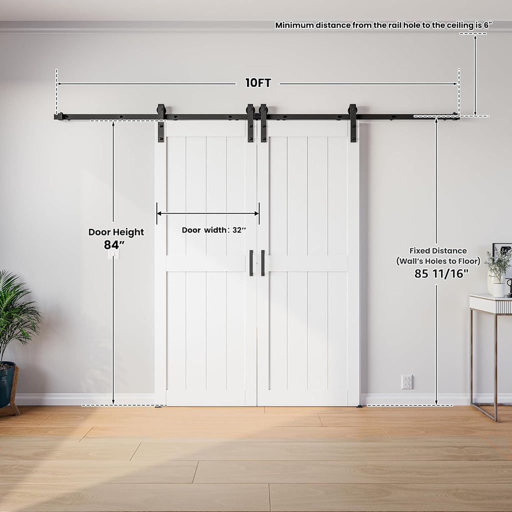 64 x 84 in (Double 32x84 Door) White Barn Door with 11FT Sliding Hardware Kit & Handle, Pre-Drilled 