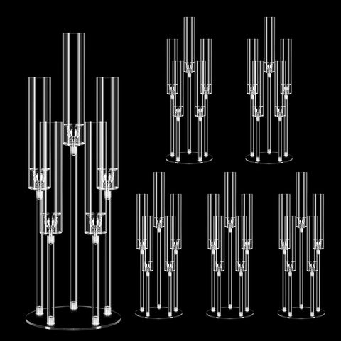 6 Set 26.8'' Tall Acrylic Candelabra Centerpieces,Clear 5 Arms Candlesticks Holder with Acrylic Shade for Candlelight