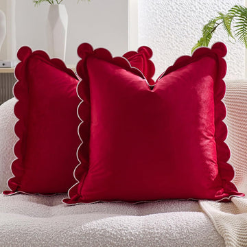 Christmas Pillow Covers 18x18 Inch Red Holiday Throw Pillow Covers Scalloped Ruffle Velvet Couch Pillows - Set of 2