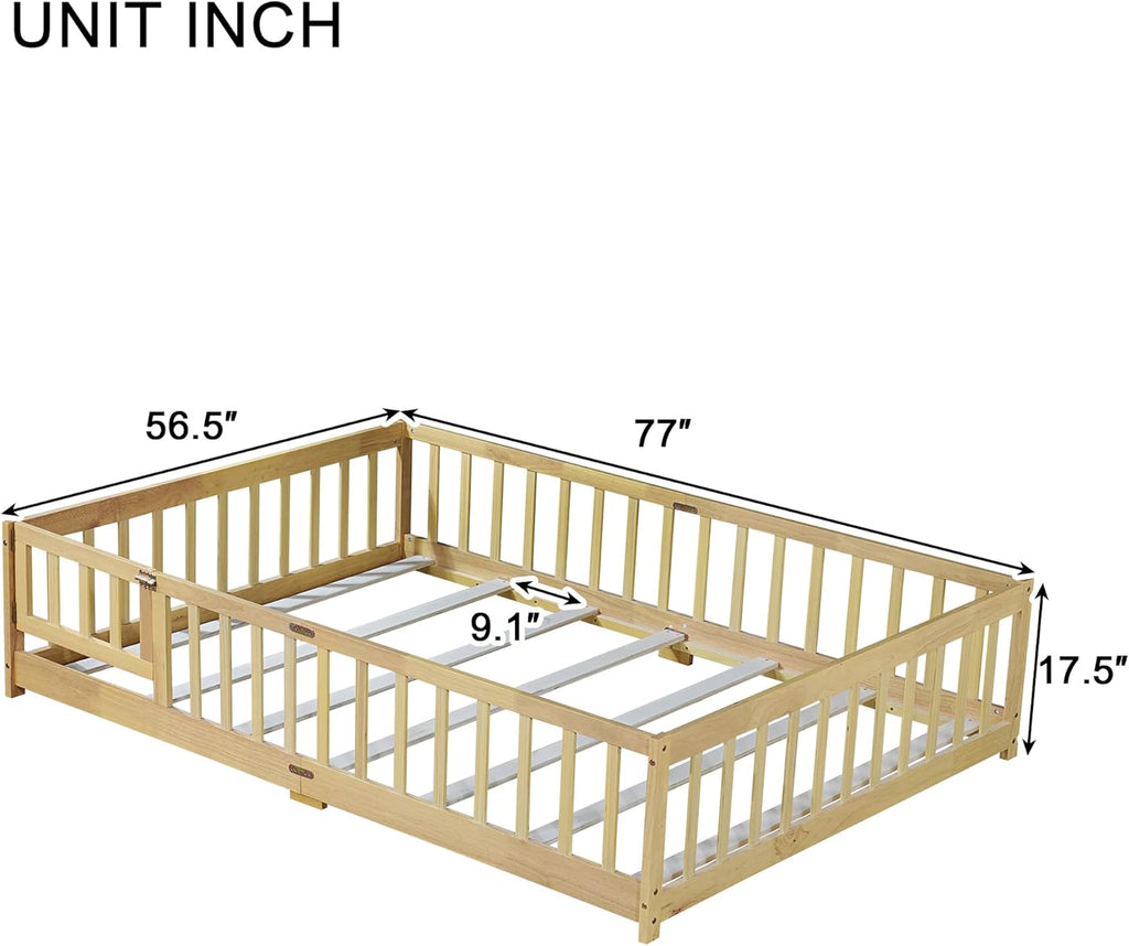 Full Size Montessori Floor Bed with Slats, Door and Guardrails, Natural | Low Profile Montessori Bed with Fence, Easy