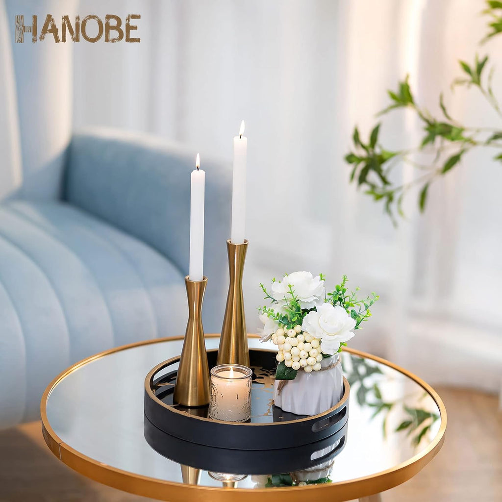 Round Decorative Coffee Table Tray , Black Marble Finish | 11.8" Modern Circle Tray with Handles Counter, Living Room