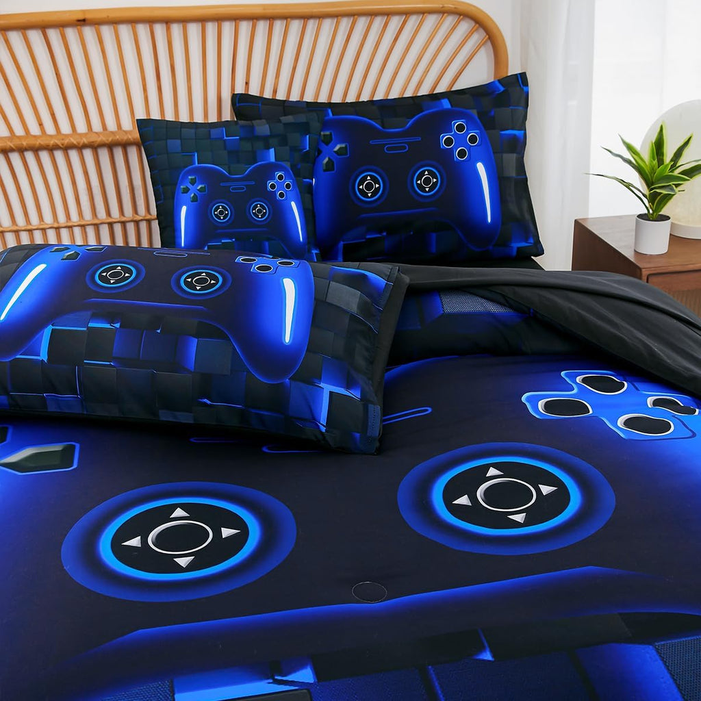 Bed in A Bag 6 Pieces Gaming Bedding Set for Boys Blue Gamer Comforter with Sheet Set for Kids Teen Cool Video