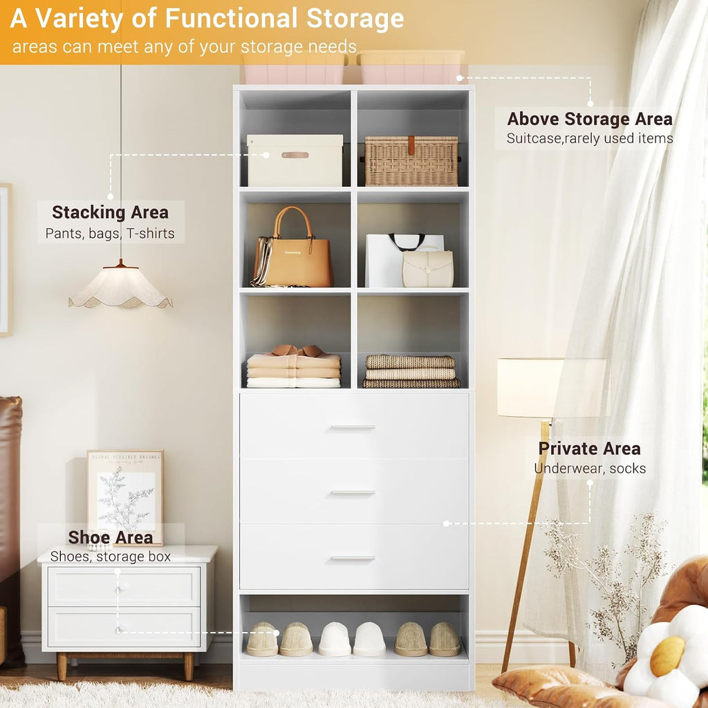 Closet System Organizer with 3 Drawers and Partition Storage, Freestanding Wardrobe Organizer Modular with Shoe