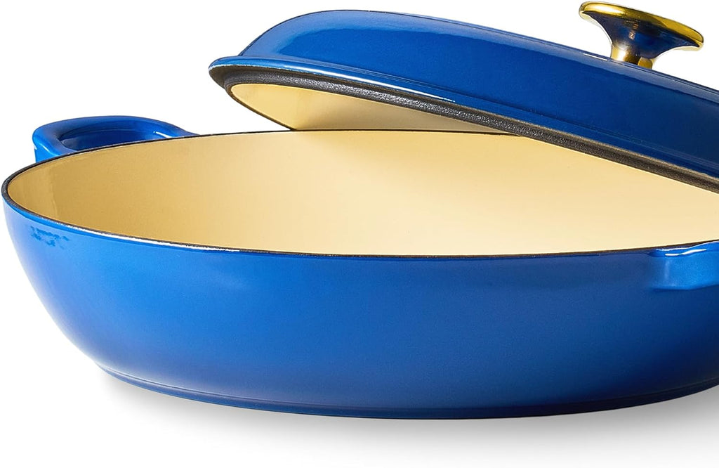 3.4QT Enamel Cast Iron Cookware, Skillet with Lid, Blue Dutch Oven | Shallow Round Braiser Pan Oven Safe, Non-Toxic