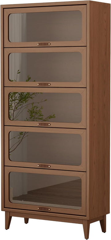 Solid Wood Bookcase with Tempered Glass Doors - Spacious 5-Tier Storage Shelf with Glass-Front Design, Flip-Top