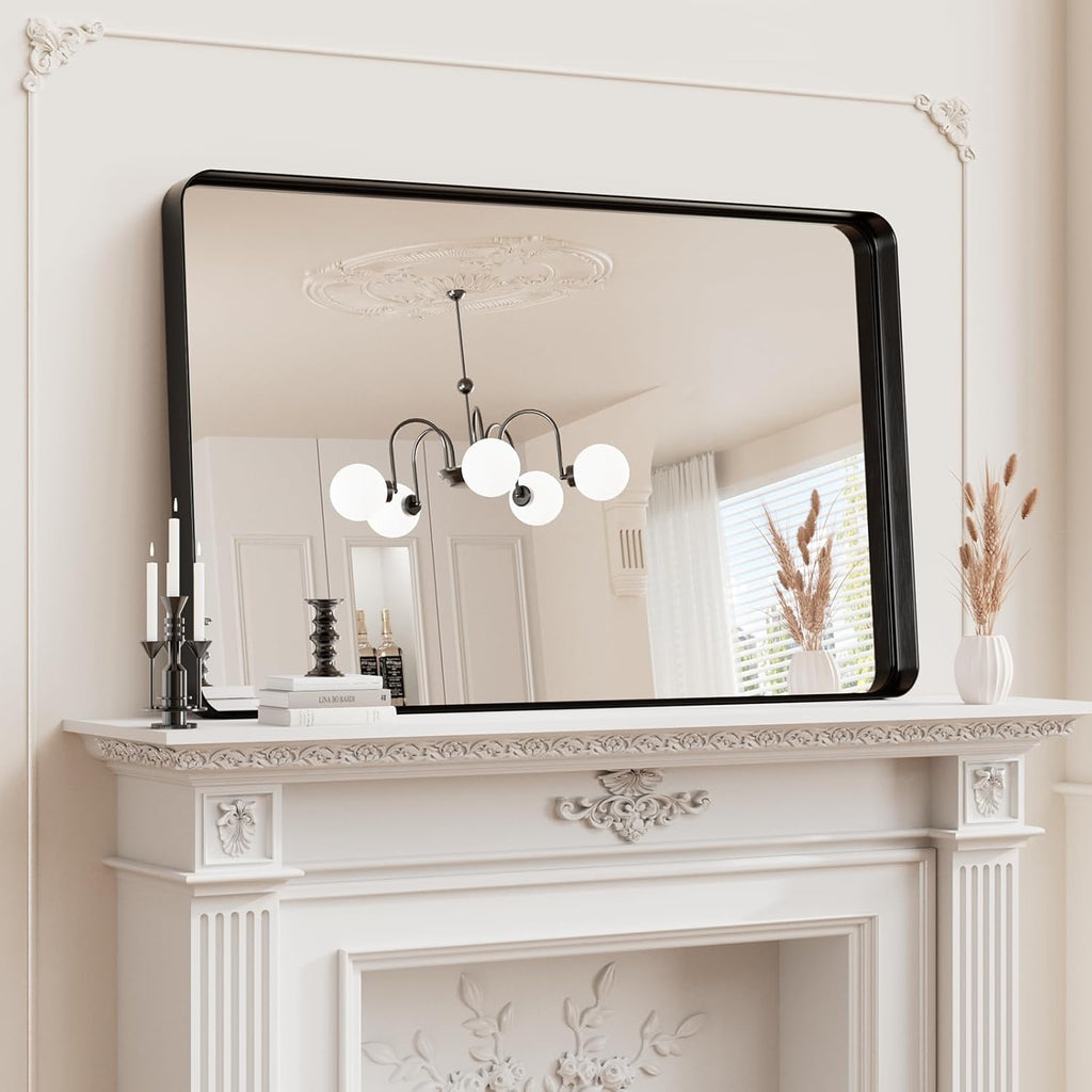Black Wall Mirror , 30x48 Inch Matte Deep Framed Rounded Rectangle Vanity Mirror for Farmhouse Living Room, Tempered