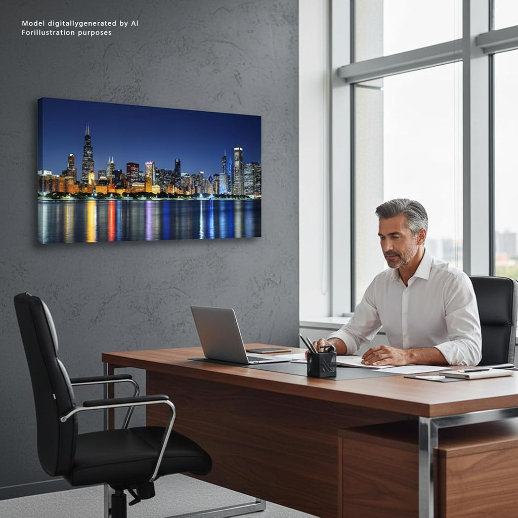 Large Canvas Wall Art Chicago Skyline, Oversized Colorful Blue Night View USA Cityscape Painting, Modern Panoramic