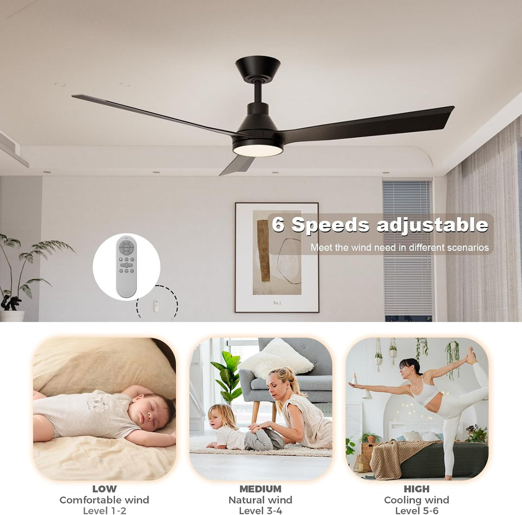 52 Inch Ceiling Fans with Lights and Remote, ETL Quiet Reversible DC Full Copper Motor, 2 Downrods, 3 CCT Dimmable, 6 Speeds Outdoor Ceiling Fans for Patios Porch Bedroom Living Room Black