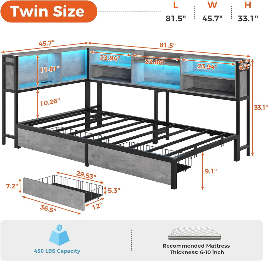 Corner Twin Bed Frame with Bookcase Storage Headboard and Led Lights,Twin Size Metal Platform Corner Bed Frames with