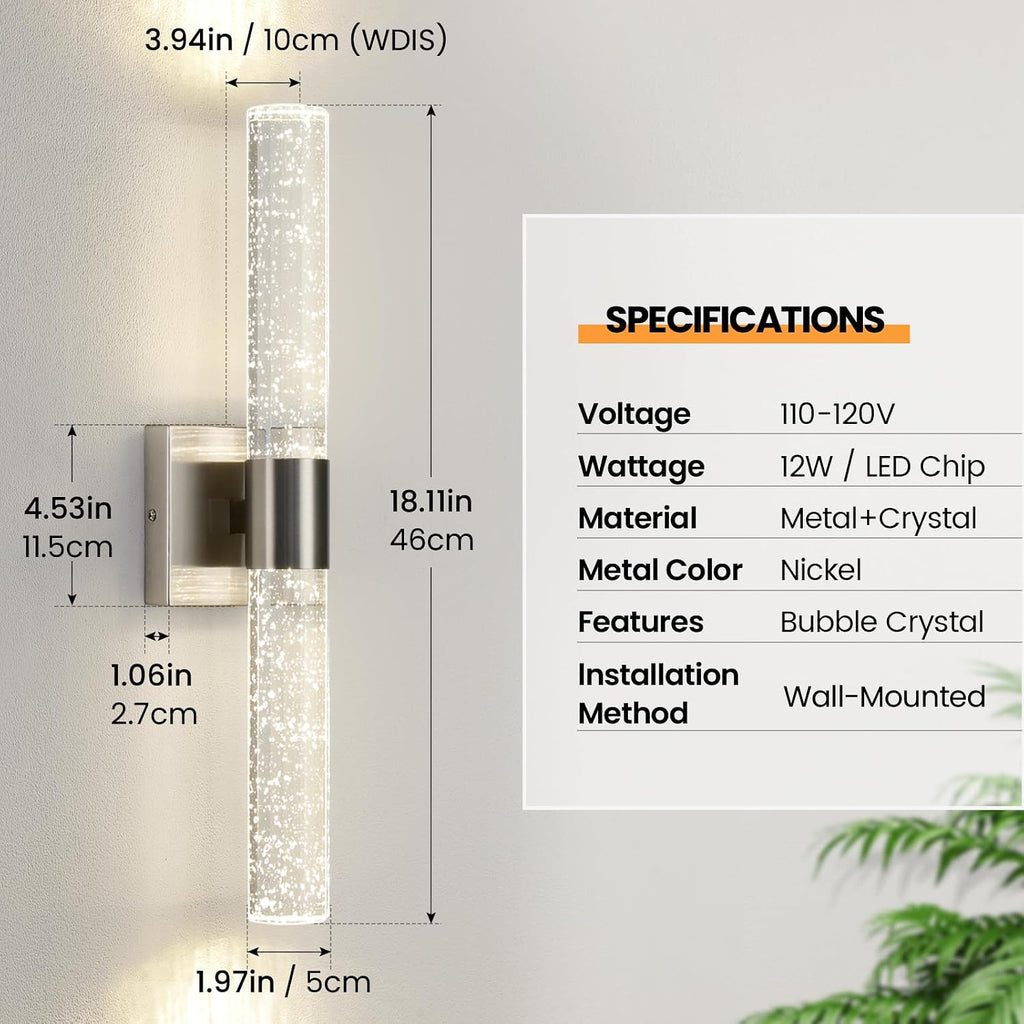 LED Wall Sconces Set of Two - 4000K Dimmable Crystal Bathroom Sconces Wall Lighting Indoor Brushed Nickel Vanity