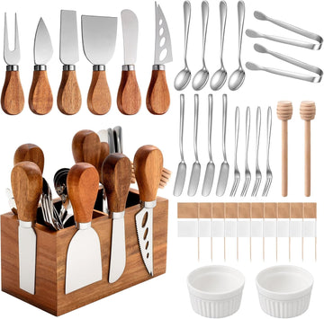 44 Pcs Charcuterie Boards Accessories with Magnetic Acacia Wood Holder Wooden Cheese Knife Set for Wood Handle Knives