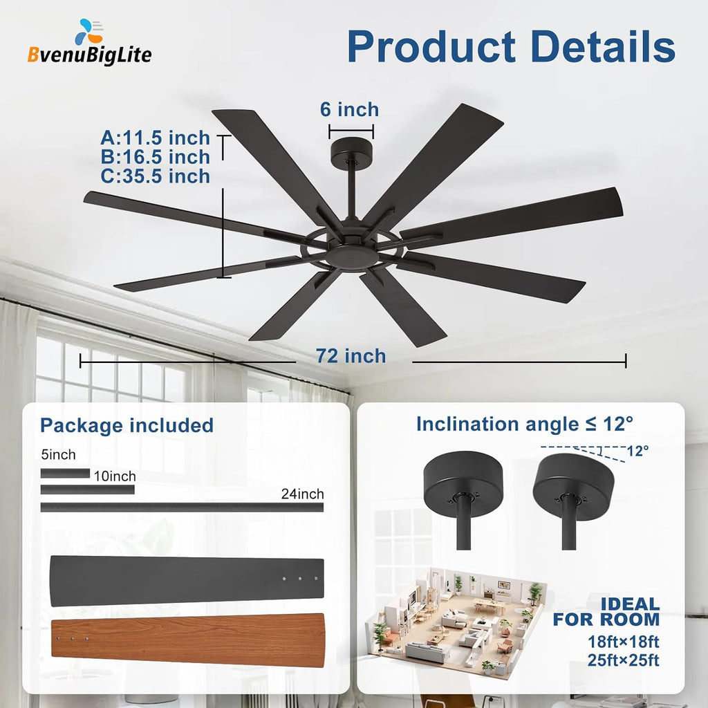 Large Ceiling Fan No Light: Modern 72 Inch 8 Blade Outdoor Ceiling Fans with Remote APP Control - Black Big Fan