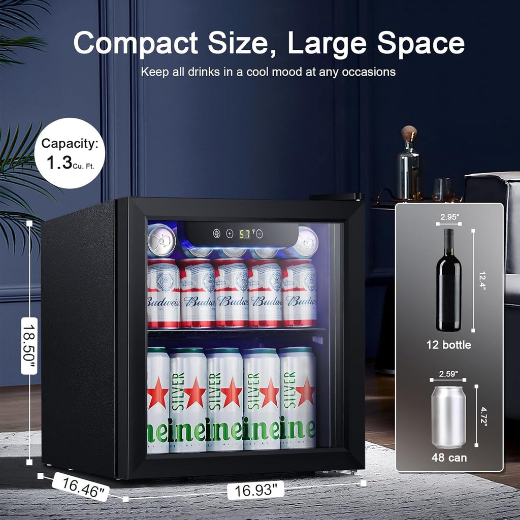 Mini Fridge Cooler - 12 Bottle 48 Can Beverage Refrigerator Glass Door for Drink