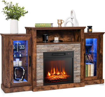 Electric Fireplace TV Stand, Electric Fireplace Mantel with 16-Color Led Lights, Adjustable Glass Shelves